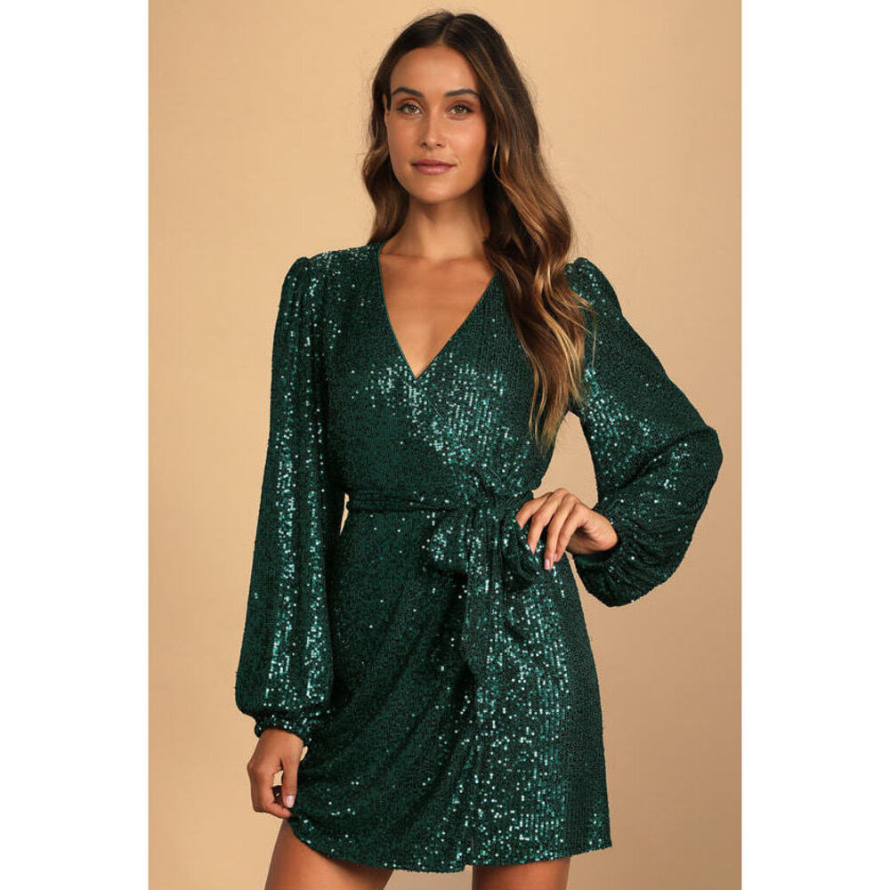 Sparkly Darling Emerald Green Sequin Long Sleeve Wrap Dress